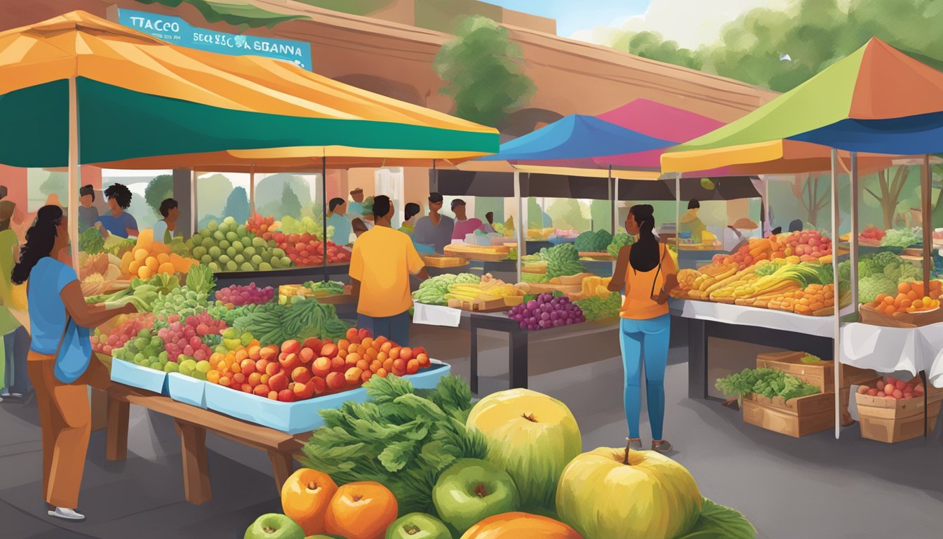 A vibrant outdoor market with fresh produce and colorful fruits, showcasing the changing seasons and their impact on Taco Cabana's breakfast menu