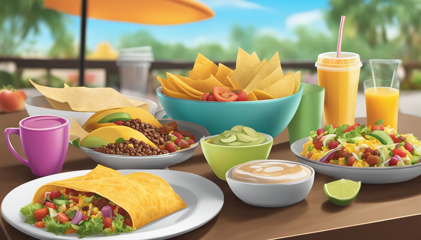 A colorful display of breakfast items at Taco Cabana, including tacos, burritos, and coffee, with seasonal fruits and vegetables in the background