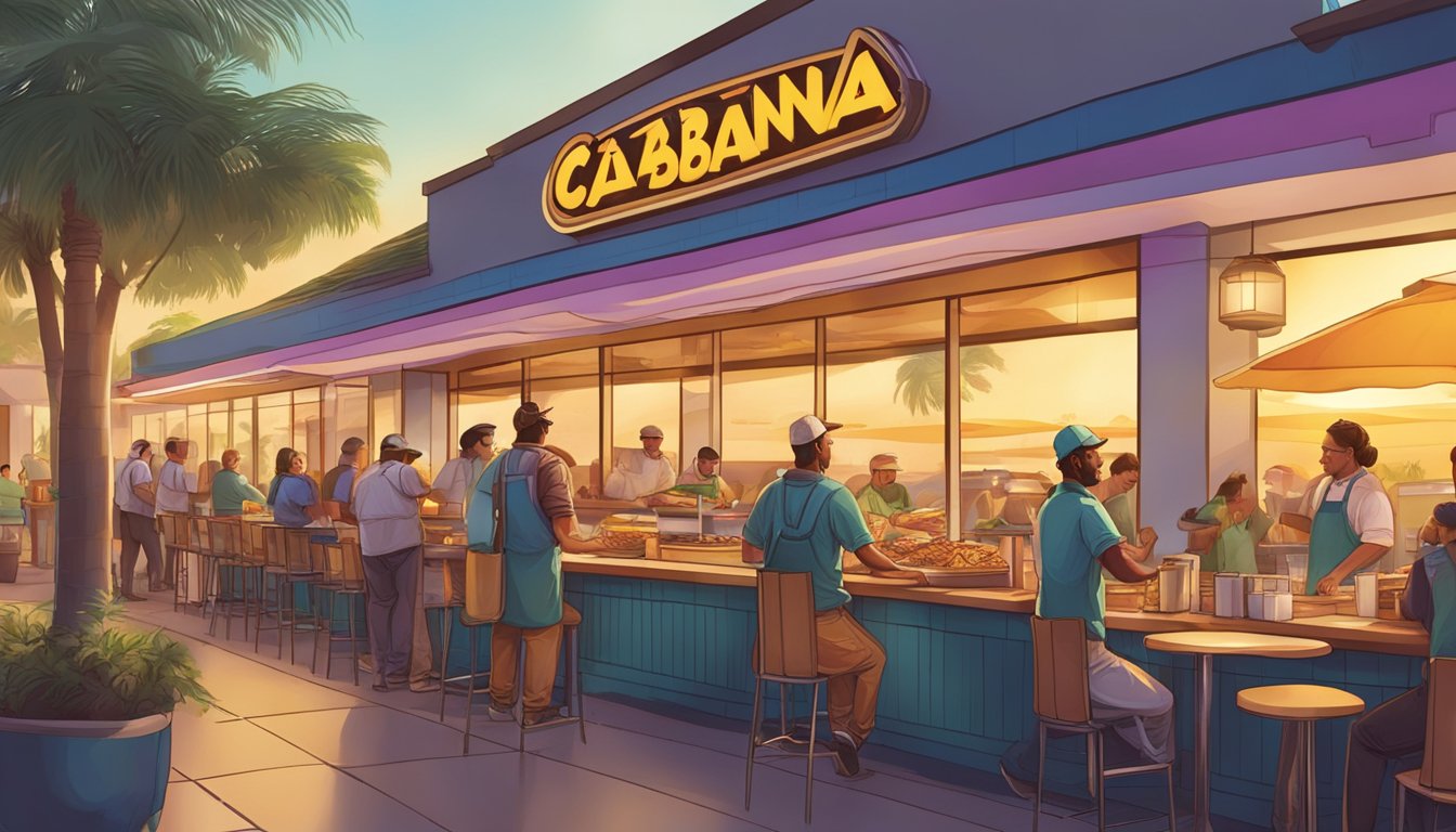 A bustling Taco Cabana restaurant at sunrise, with chefs preparing unique breakfast items and customers eagerly waiting in line