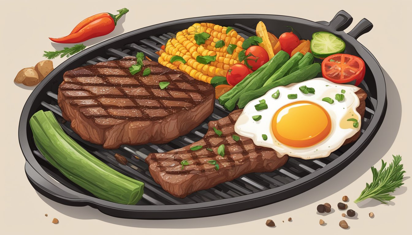 A sizzling breakfast steak sizzles on a hot grill, surrounded by sizzling vegetables and spices