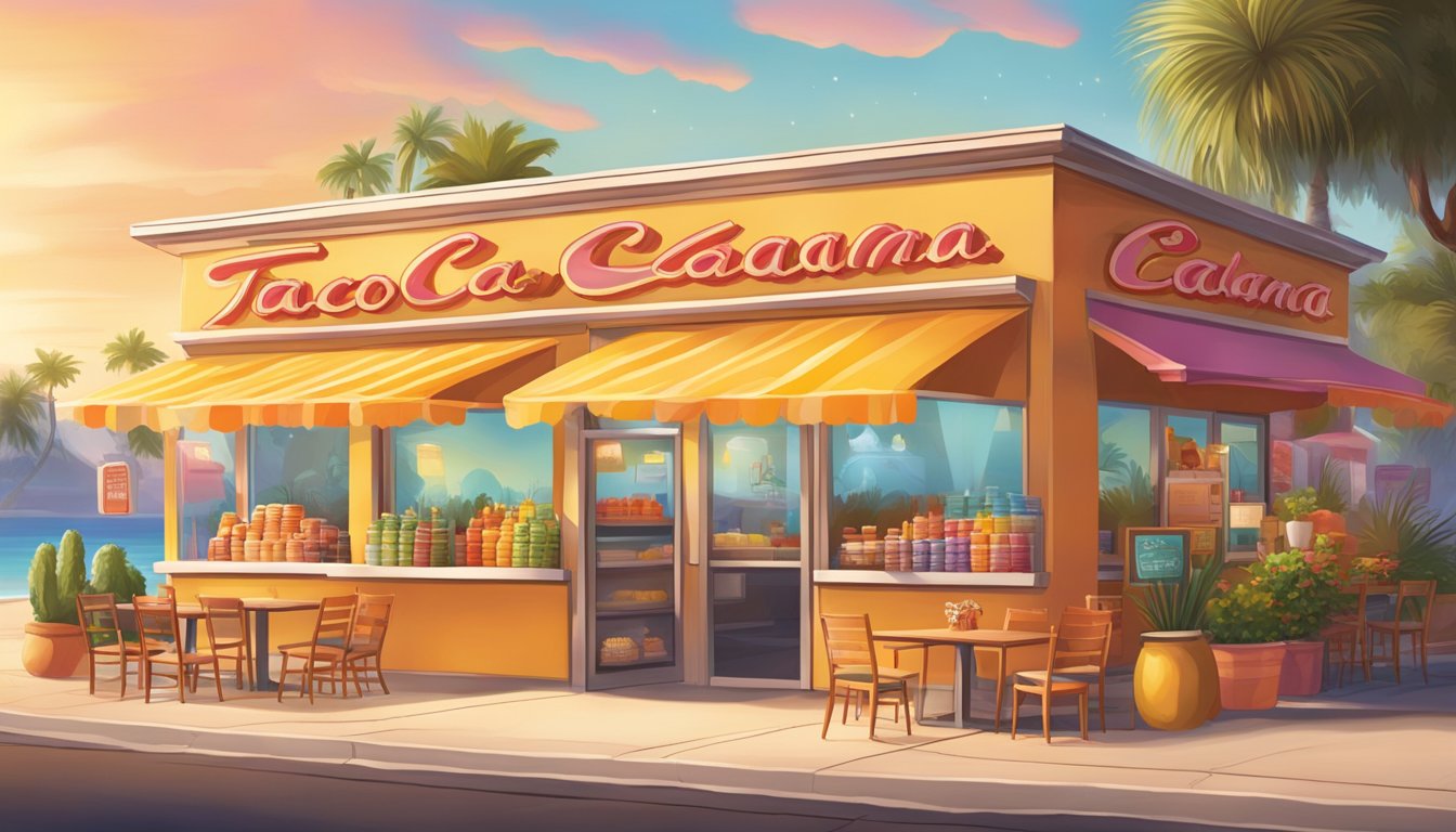 A vibrant outdoor scene with a Taco Cabana storefront, featuring a colorful display of breakfast items and seasonal decorations. The sun is rising, casting a warm glow on the scene