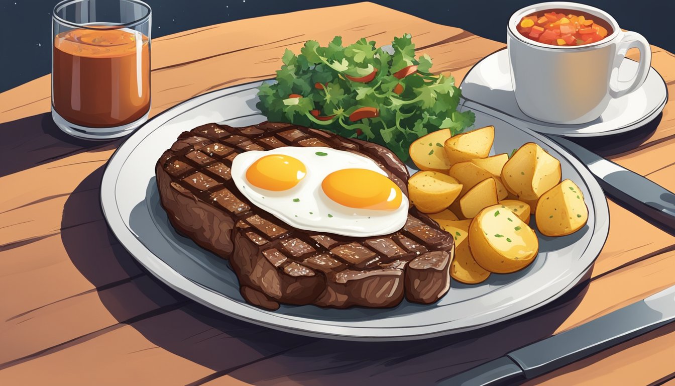 A sizzling breakfast steak on a plate with eggs, potatoes, and a side of salsa, set against a background transitioning from day to night