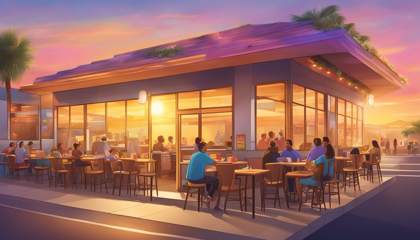 A colorful sunrise over a bustling Taco Cabana restaurant with steaming breakfast tacos and coffee being served to eager customers