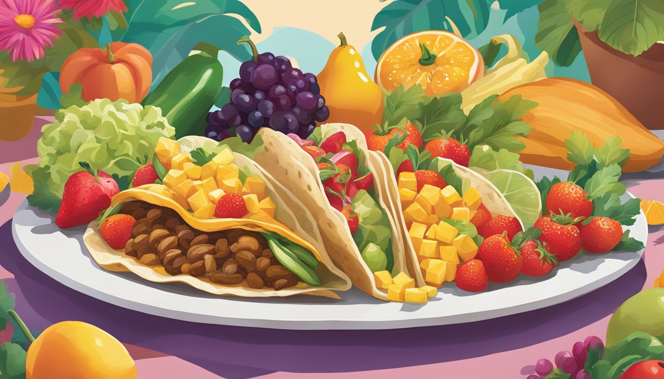 A colorful array of fresh fruits and vegetables, with vibrant flowers and changing leaves in the background, showcasing the seasonal influences on Taco Cabana's breakfast menu