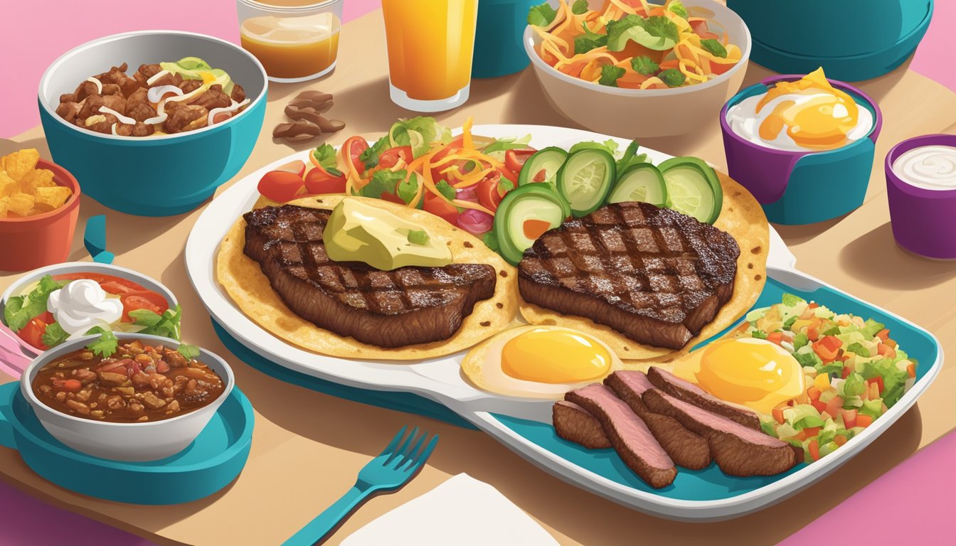 A sizzling breakfast steak surrounded by a variety of diverse culinary options at Taco Cabana