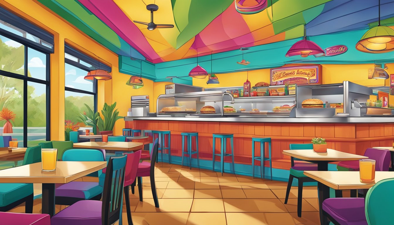 A colorful breakfast scene at Taco Cabana with a Tex-Mex twist: a delicious breakfast sandwich surrounded by vibrant Texan decor and the bustling atmosphere of the restaurant