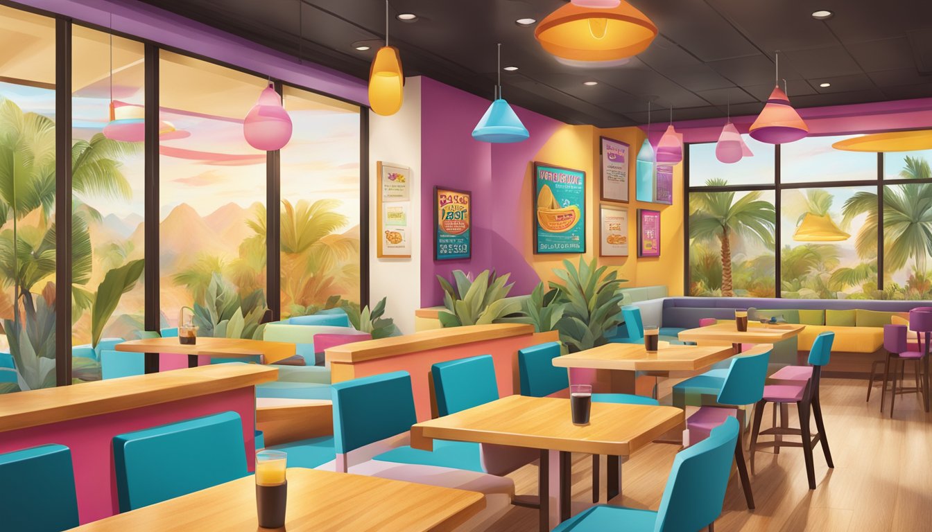 A colorful and inviting scene at Taco Cabana's with a breakfast loyalty program display, featuring enticing rewards for early birds