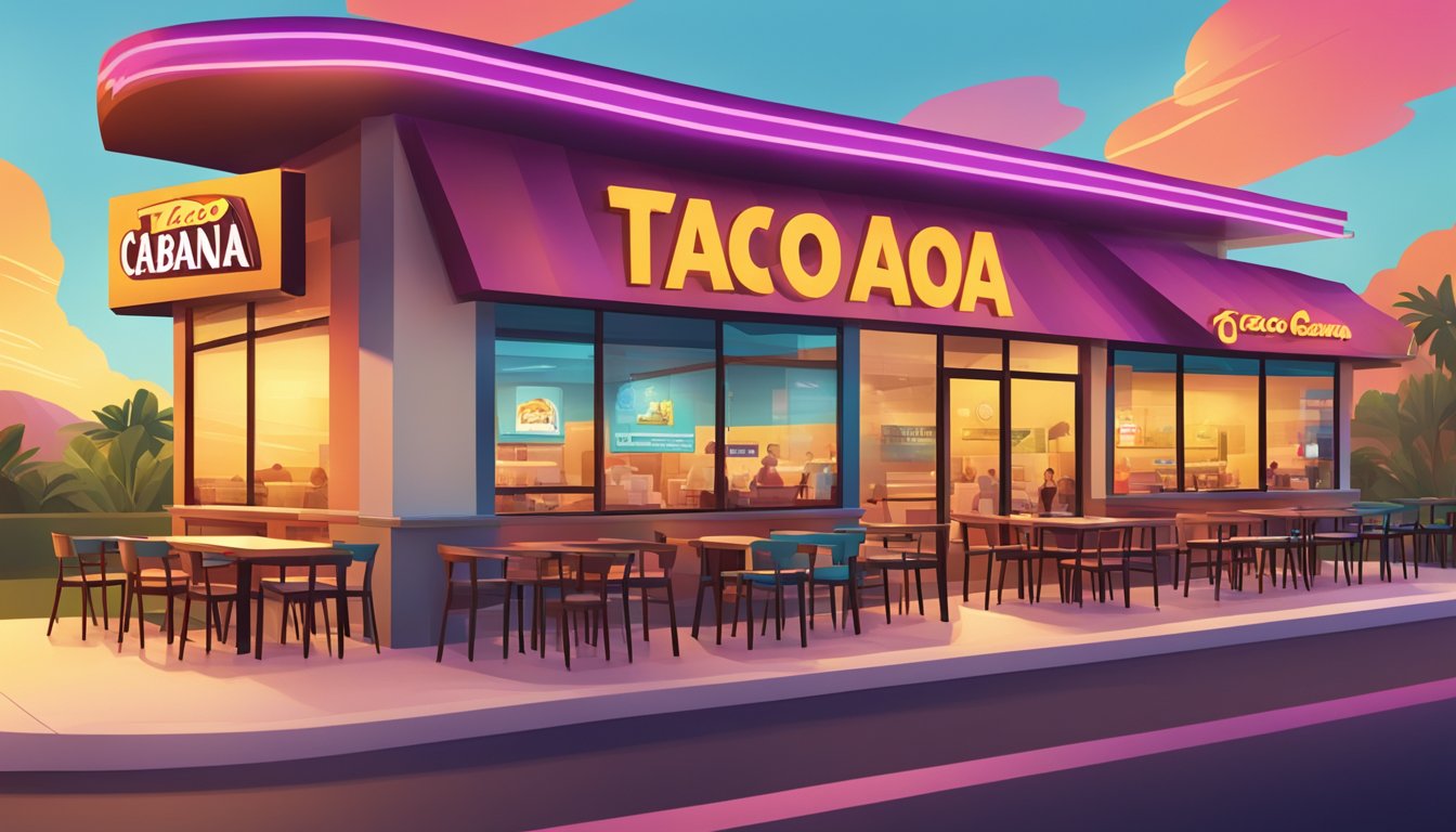 A colorful sunrise over a Taco Cabana restaurant, with a line of customers eagerly redeeming rewards and earning points for the breakfast loyalty program