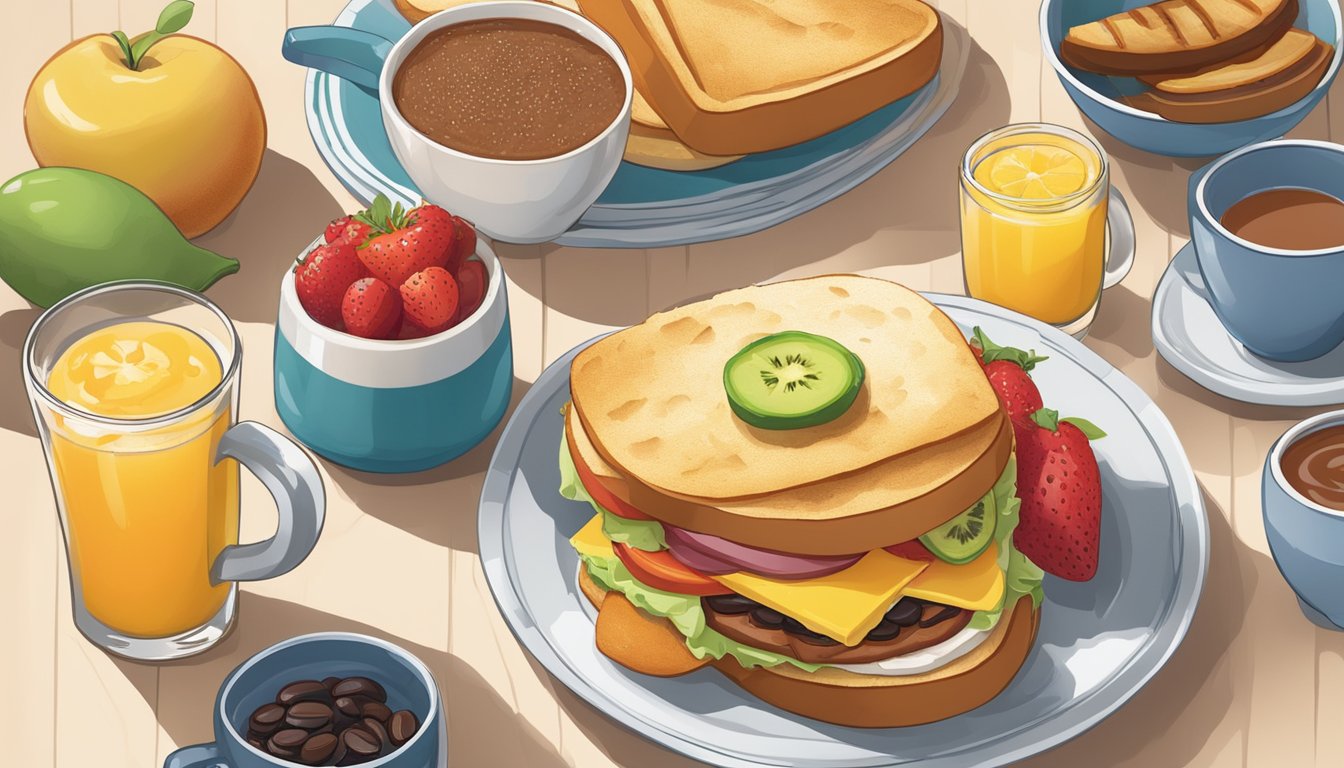 A colorful breakfast spread with a Tex-Mex twist, featuring a hearty breakfast sandwich, fresh fruit, and a steaming cup of coffee