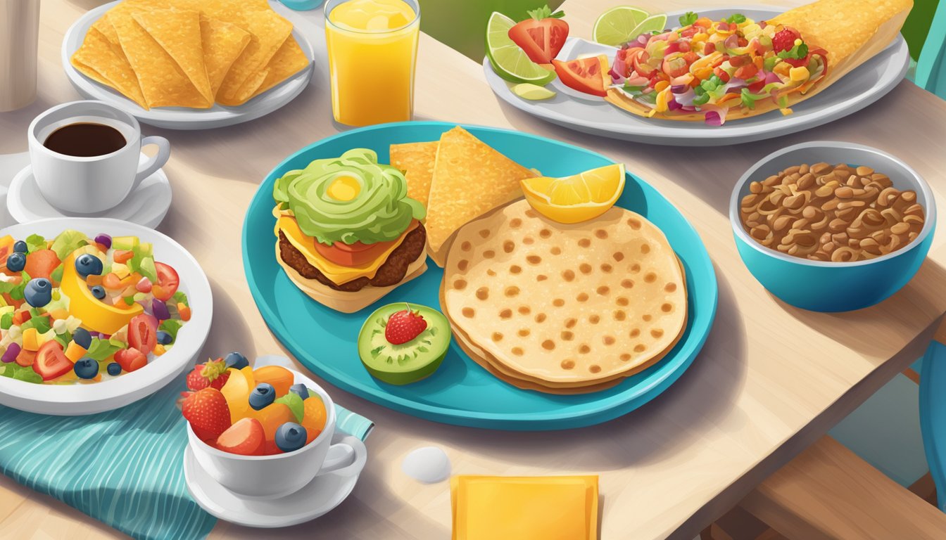 A colorful breakfast scene with a table set with various breakfast items and a banner displaying "Special Offers and Birthday Rewards" at Taco Cabana