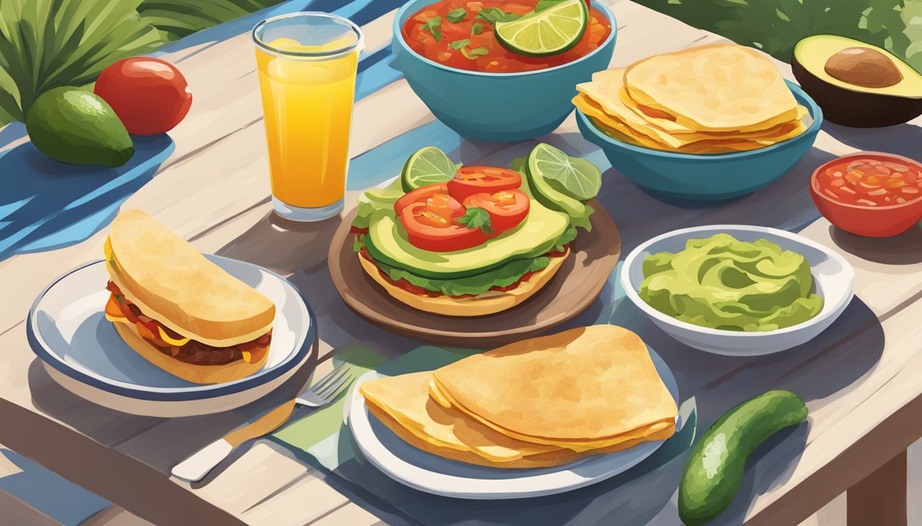 A sunny outdoor patio with a colorful Tex-Mex breakfast spread on a table, including a breakfast sandwich, salsa, and avocado