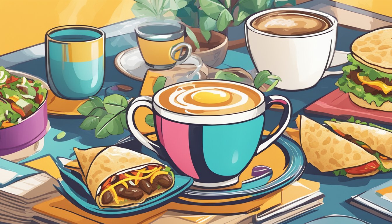 A sunny morning with a steaming cup of coffee next to a plate of breakfast tacos, surrounded by colorful loyalty program icons