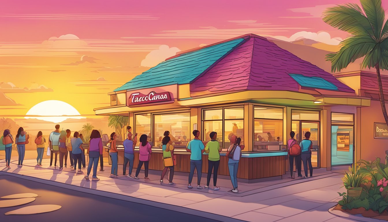 A colorful sunrise over a Taco Cabana restaurant, with a line of customers eagerly waiting for breakfast, while a cheerful staff member hands out loyalty program rewards