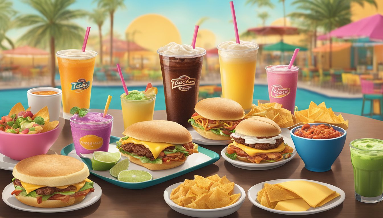 A breakfast sandwich surrounded by a variety of Tex-Mex inspired beverages and desserts at Taco Cabana