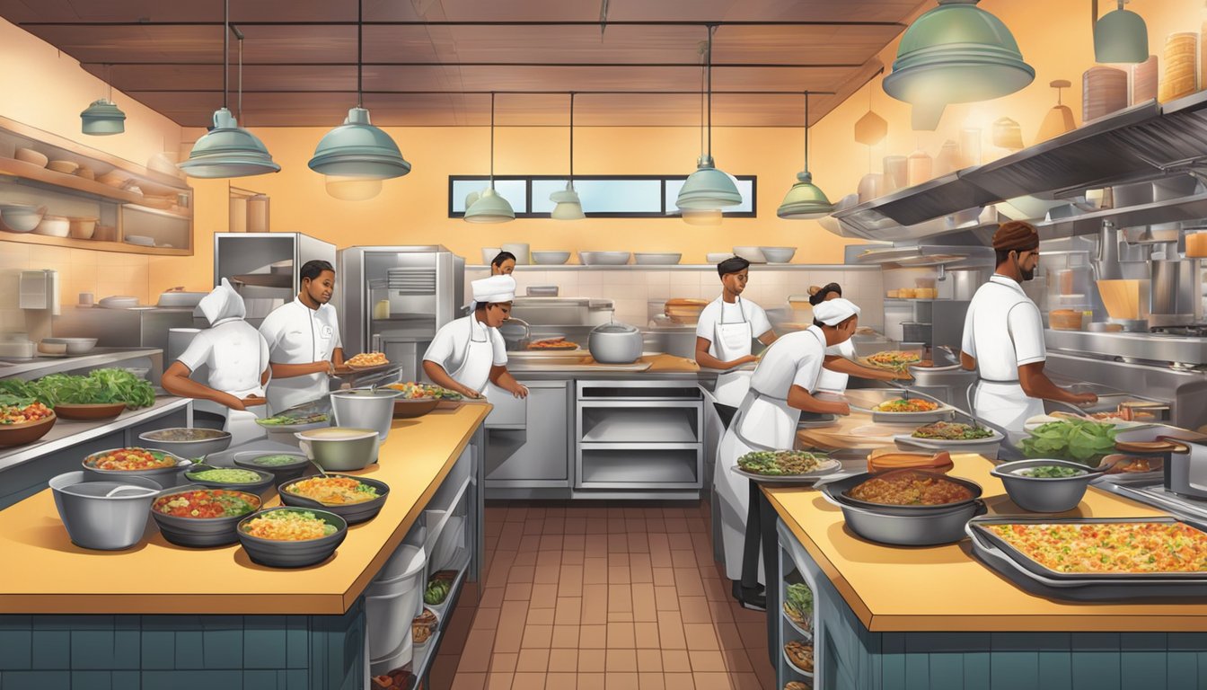 A bustling kitchen at dawn, with chefs preparing traditional Mexican breakfast dishes alongside innovative new creations for the morning rush at Taco Cabana