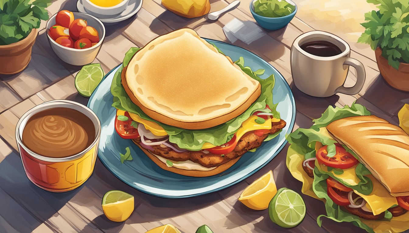 A sunny outdoor scene with a colorful Tex-Mex breakfast sandwich surrounded by fresh ingredients and a steaming cup of coffee