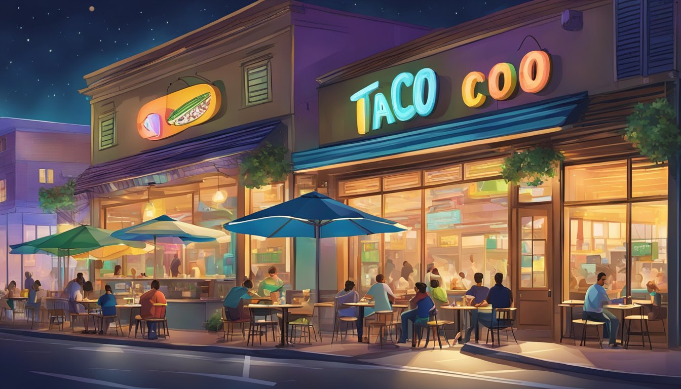 A bustling city street at night, with a colorful Taco Cabana restaurant illuminated by bright lights and a steady stream of customers enjoying freshly made tacos and margaritas