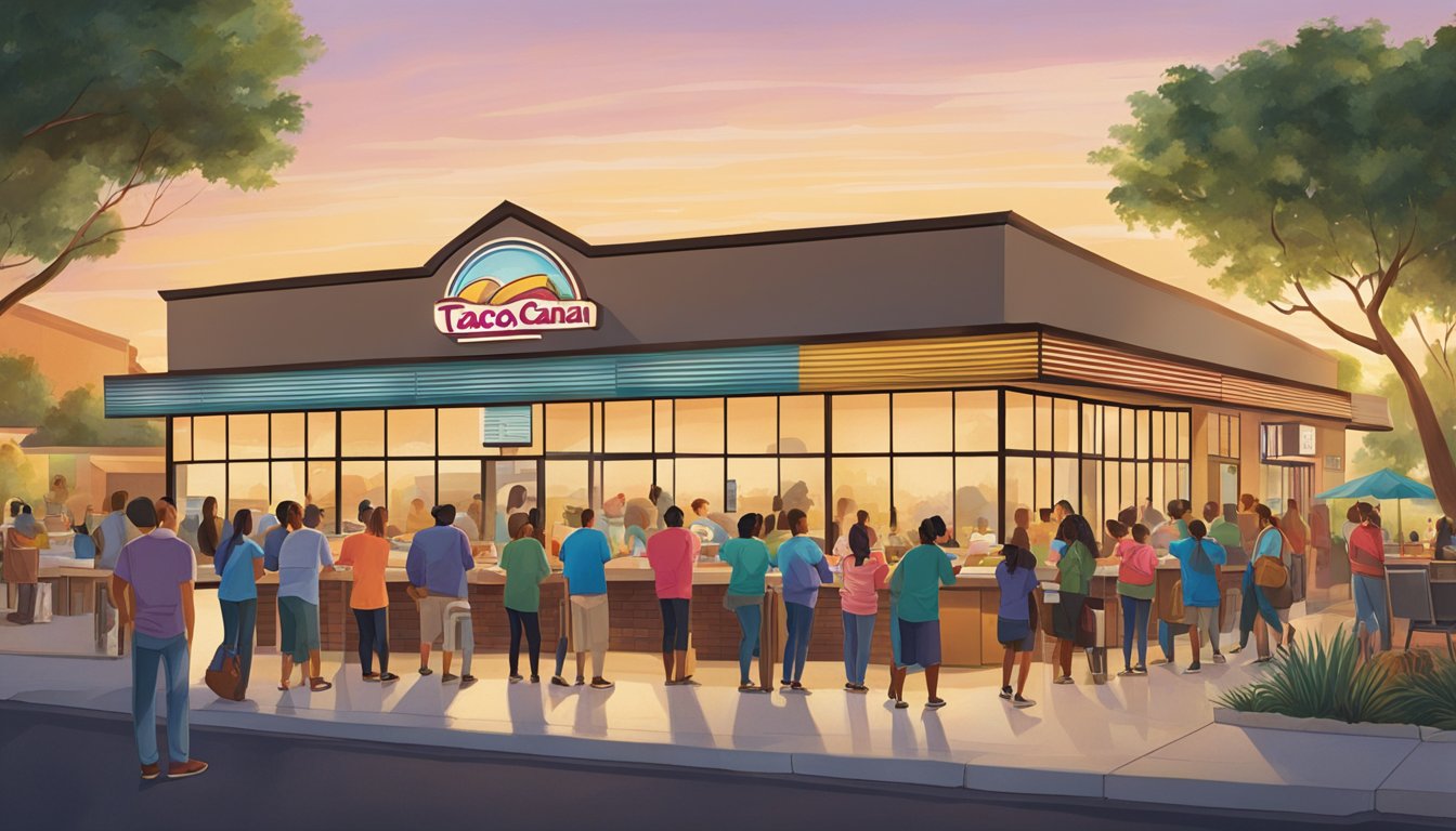 The morning sun rises over a row of Taco Cabana locations, with employees bustling to prepare for the breakfast rush. Customers begin to line up outside, eager for their morning tacos