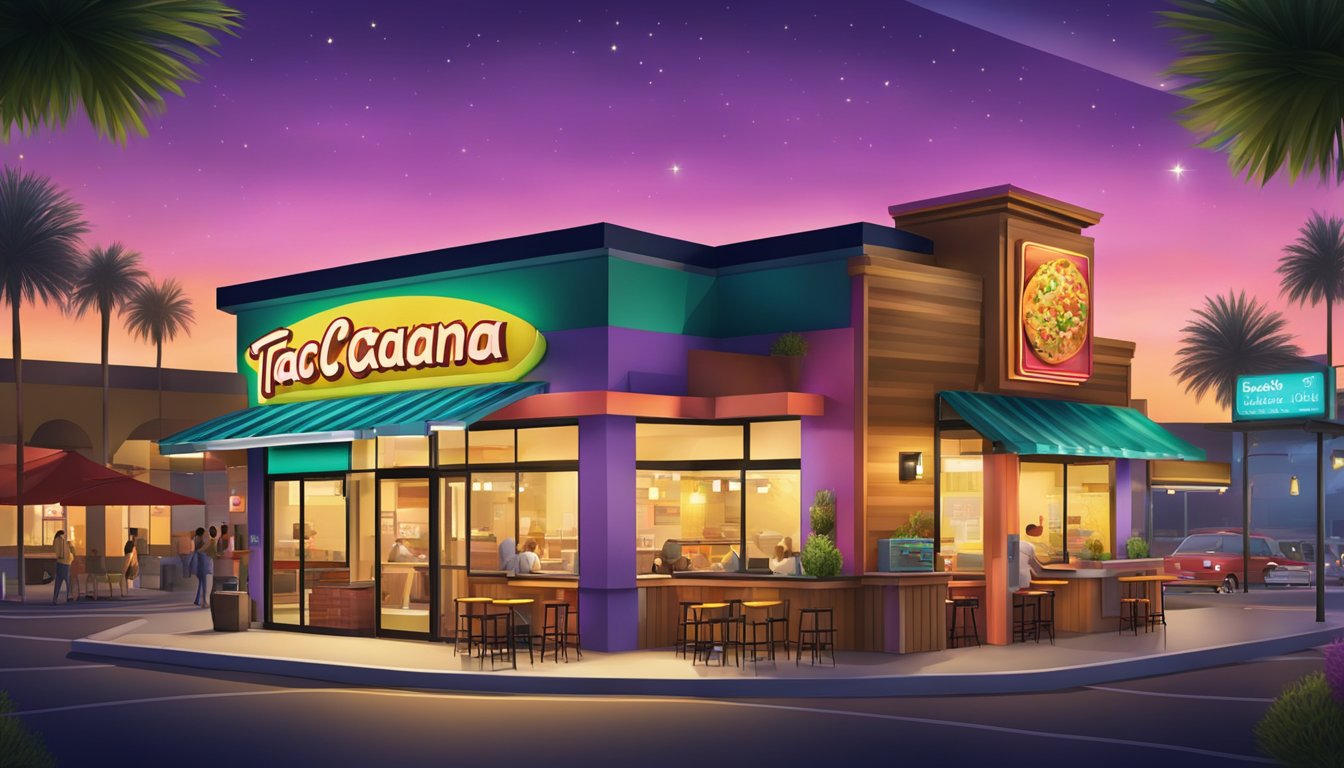 A bustling Taco Cabana restaurant with a vibrant outdoor patio, colorful signage, and a drive-thru window, surrounded by a lively urban setting at night