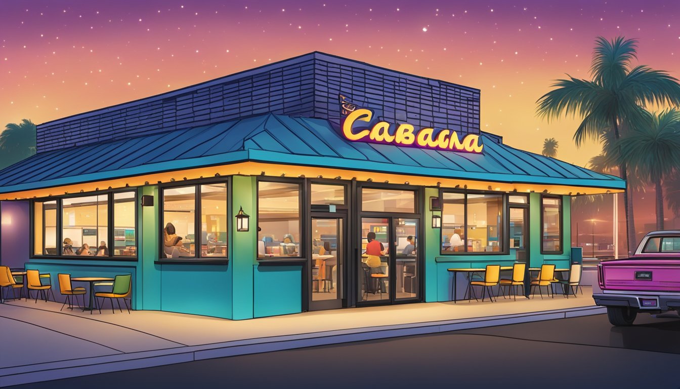 A bustling Taco Cabana restaurant at night, with a brightly lit exterior, a drive-thru window, and customers enjoying 24-hour dining service