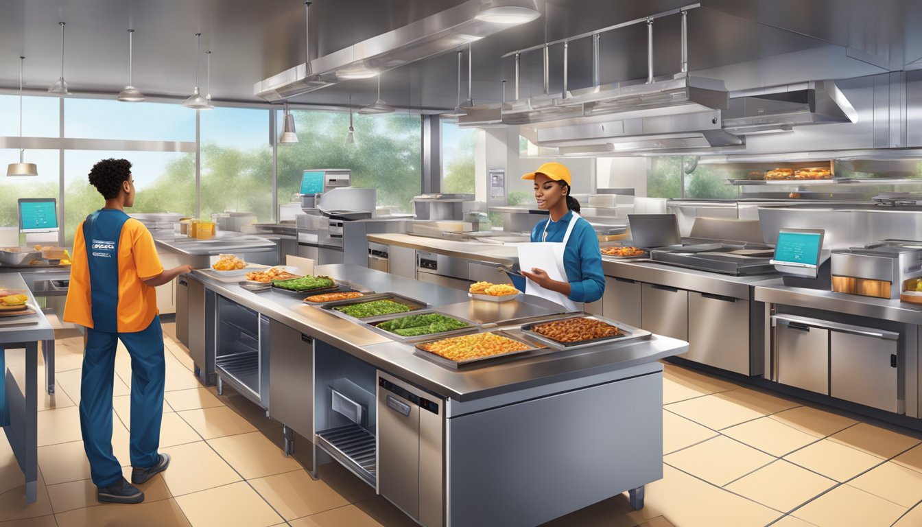 A modern kitchen with digital order screens and automated cooking equipment, staffed by workers using tablets and headsets for efficient breakfast service at Taco Cabana