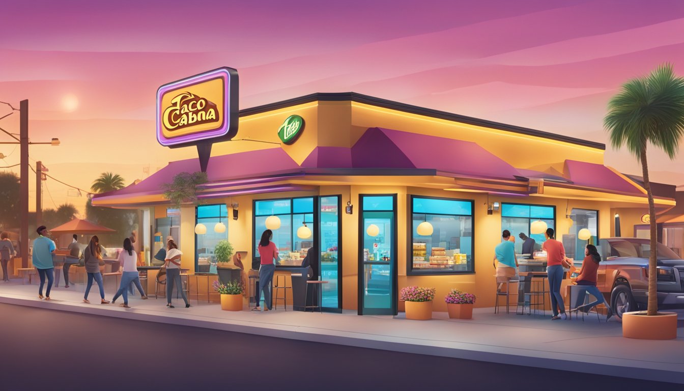 A bustling Taco Cabana location with bright lights and a steady stream of customers, both in-store and through the drive-thru. Social media icons and promotions adorn the exterior