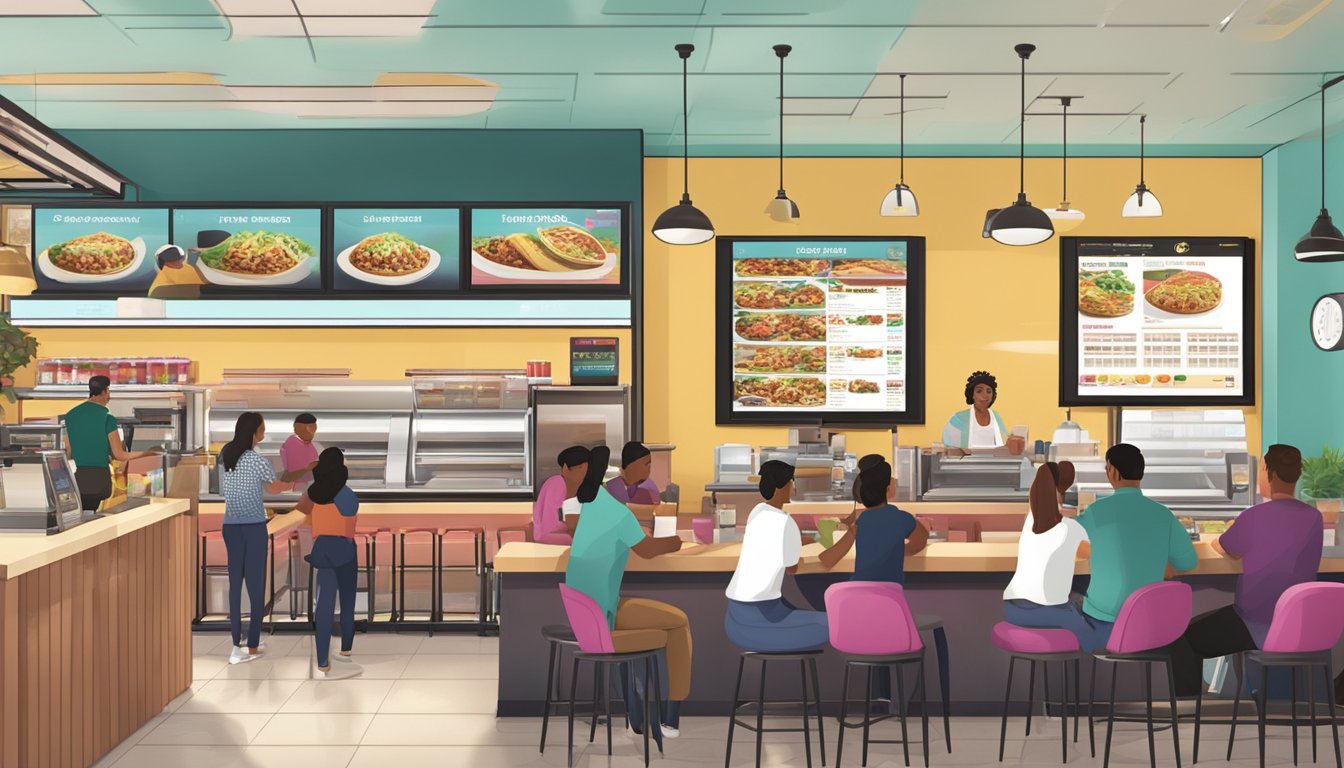 The Taco Cabana restaurant is bustling with customers enjoying their breakfast while digital screens display the menu and orders are being taken electronically at the counter