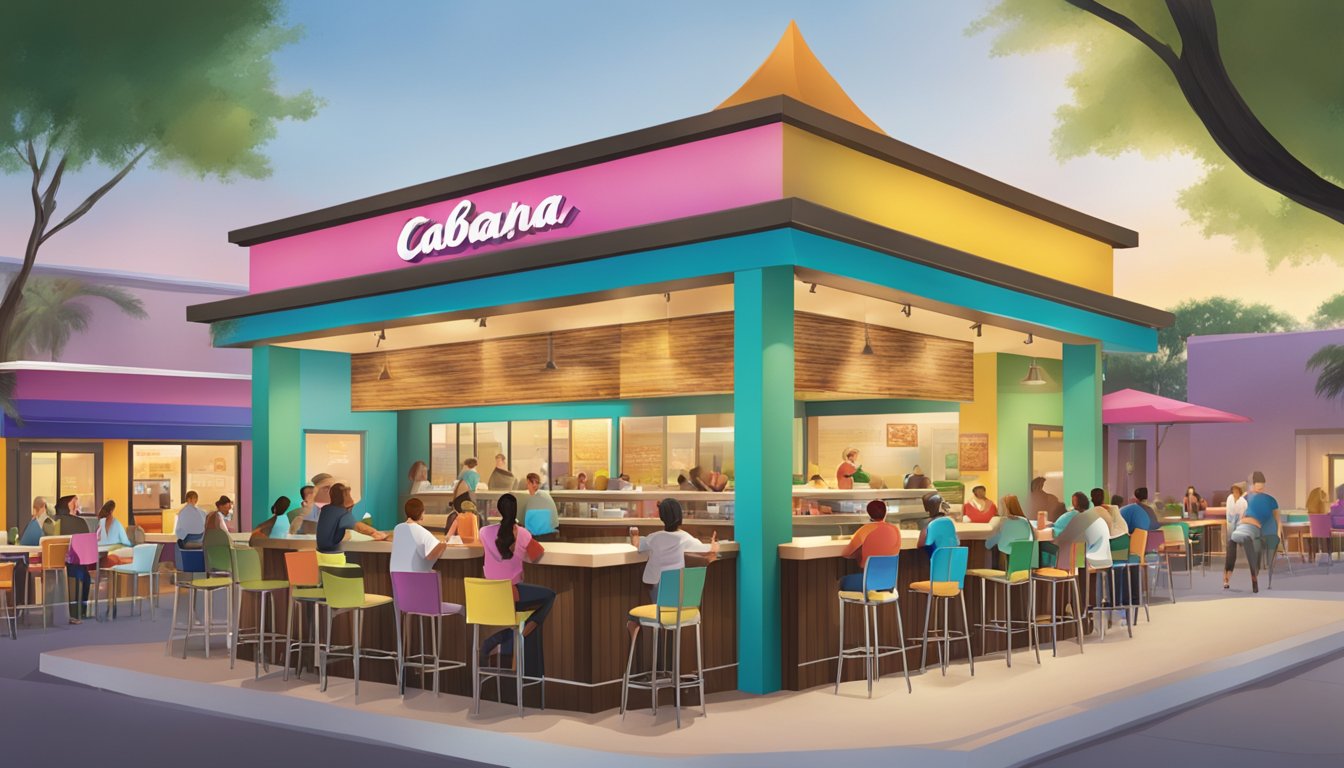 A bustling Taco Cabana location with colorful decor, outdoor seating, and a steady stream of customers day and night