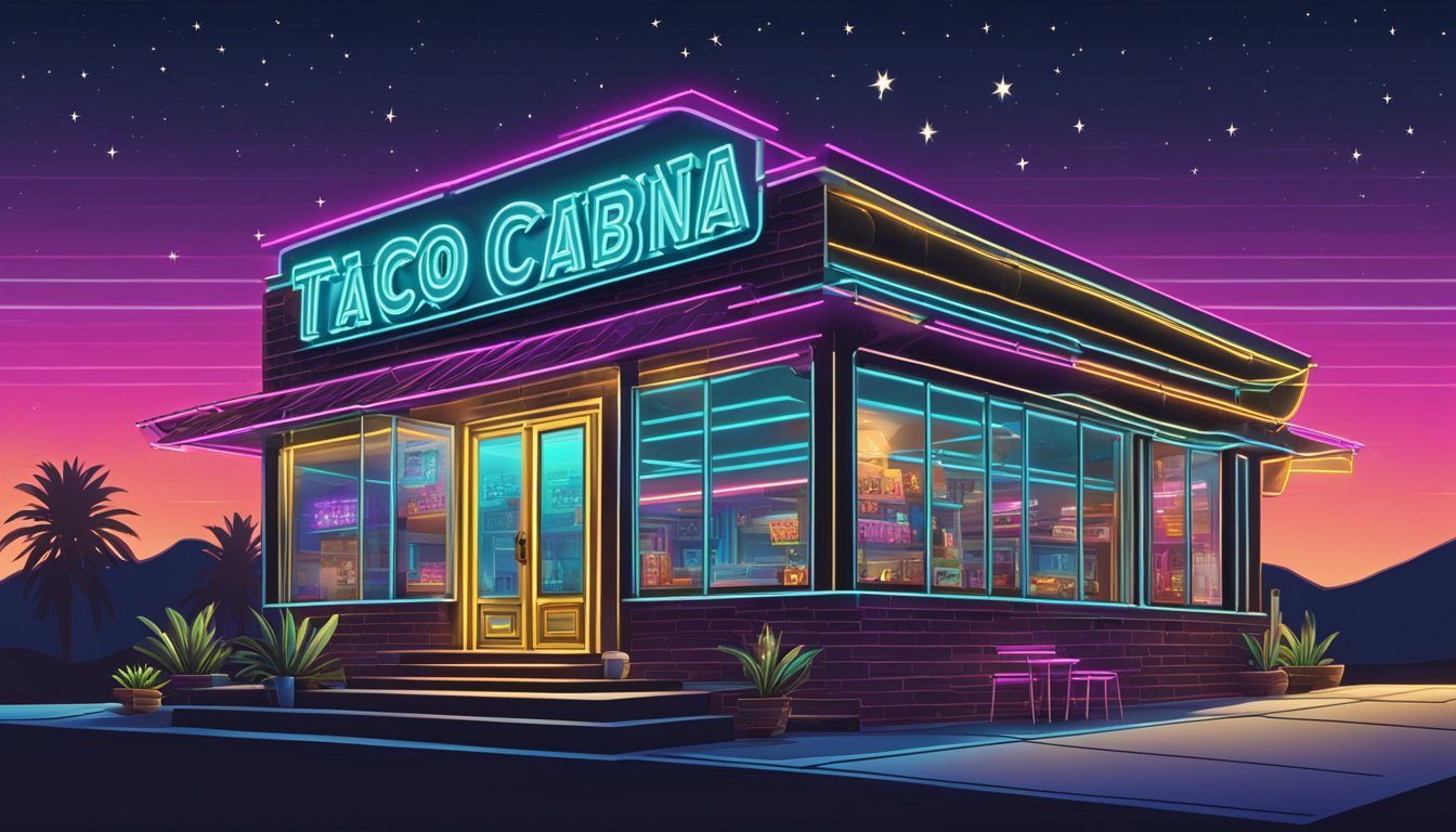 A neon-lit Taco Cabana storefront glows against the night sky, with a vintage crystal pistol displayed prominently in the window