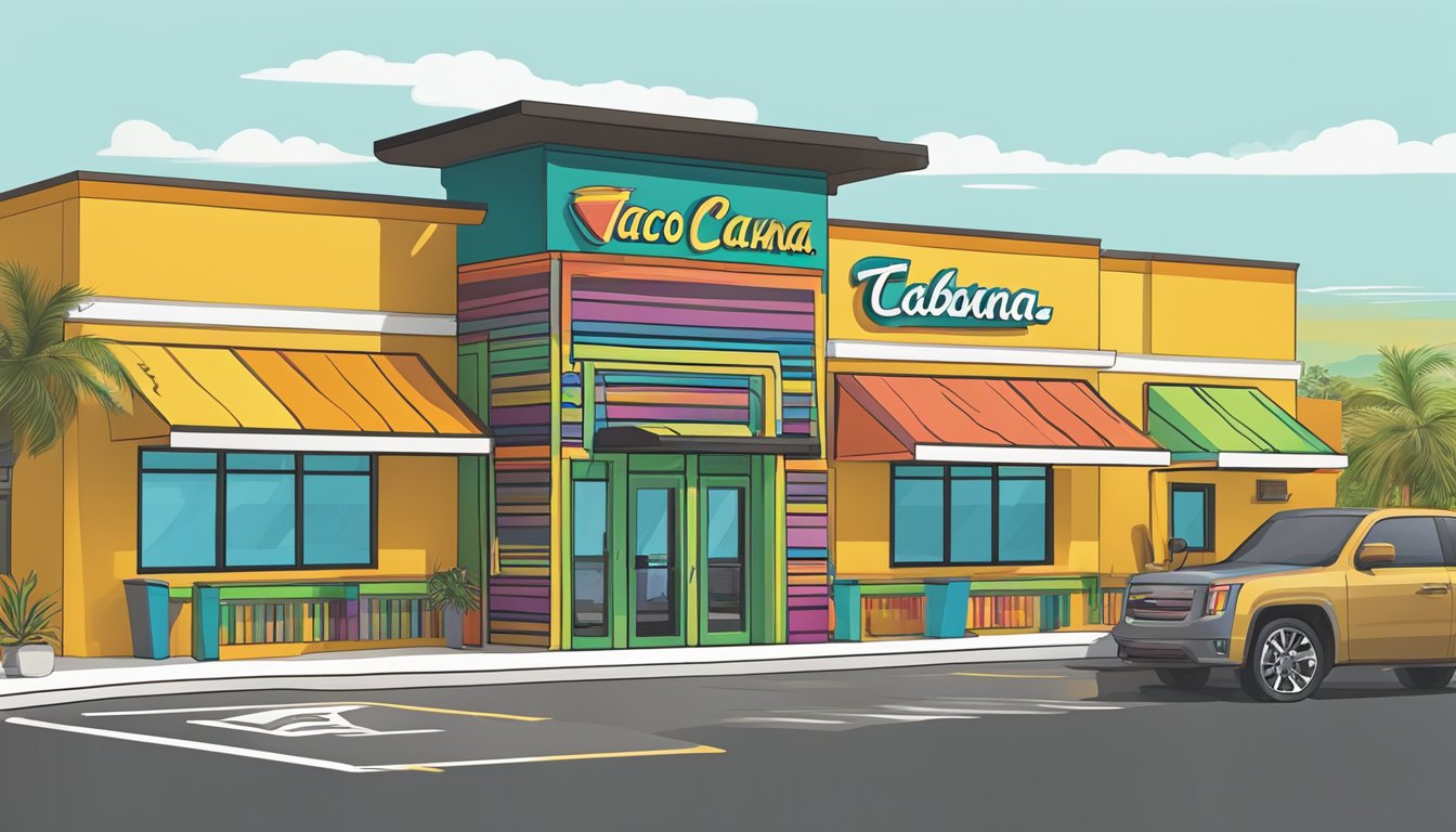 A bustling Taco Cabana location with colorful outdoor seating, vibrant signage, and a drive-thru window. The building features a distinctive Southwestern design with bold, eye-catching architecture