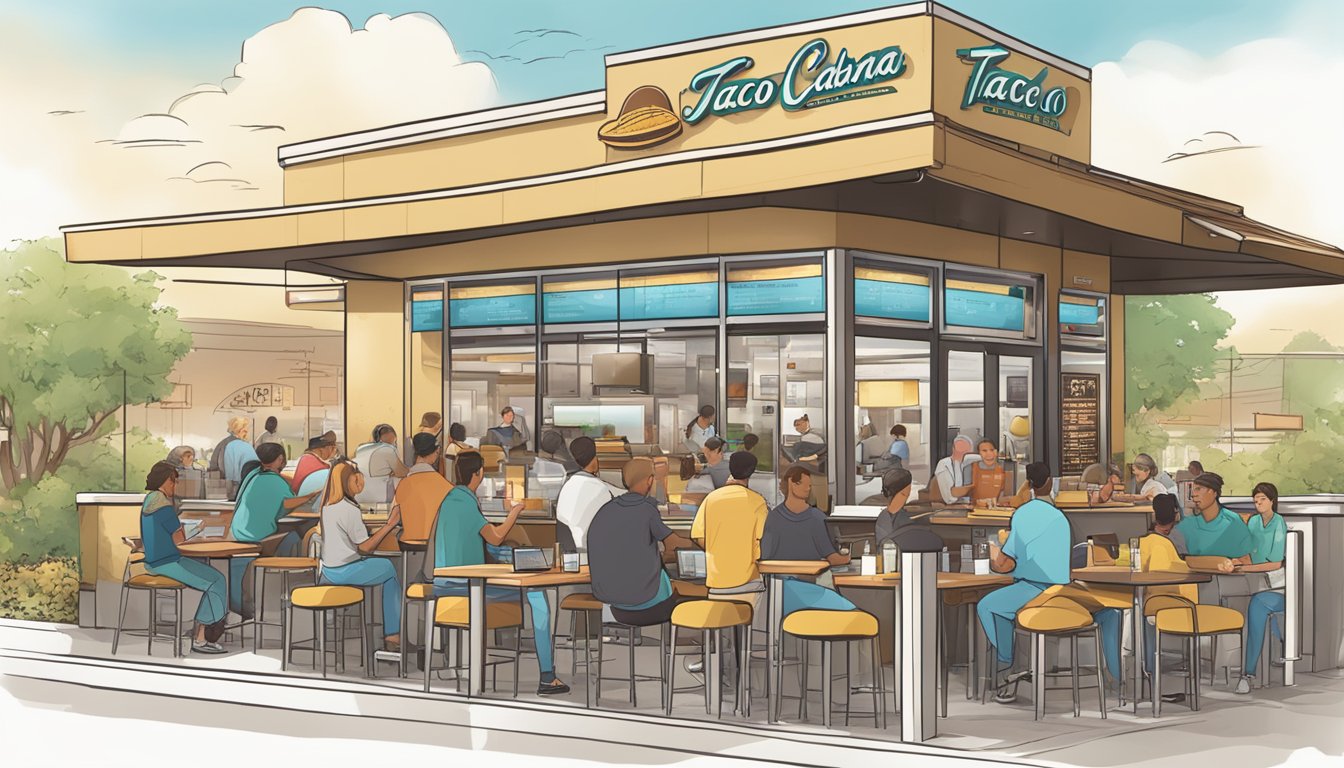 A bustling breakfast rush at Taco Cabana, with digital ordering kiosks and kitchen technology streamlining service. Outdoor seating and drive-thru add to the competitive landscape