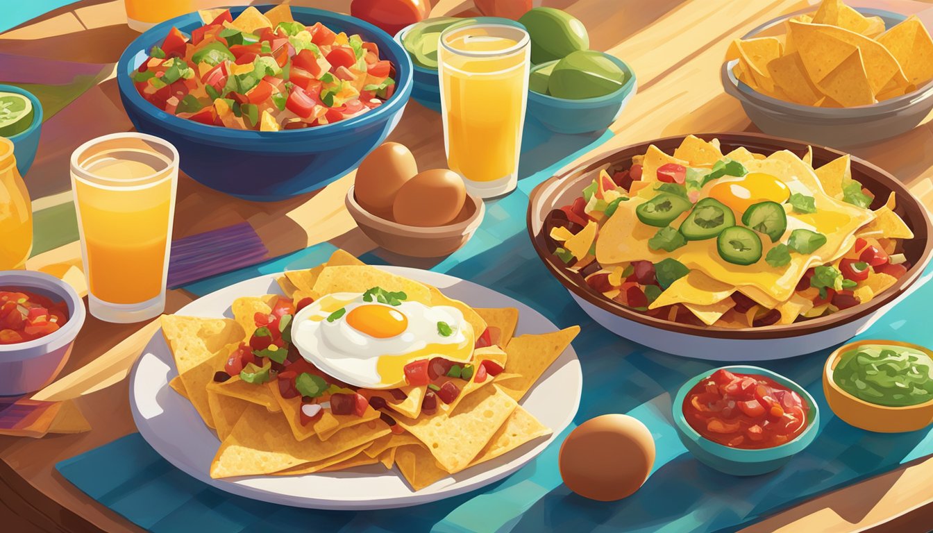 A colorful breakfast spread of nachos, eggs, cheese, and salsa on a vibrant table at Taco Cabana. The morning sun shines through the window, casting a warm glow on the delicious meal