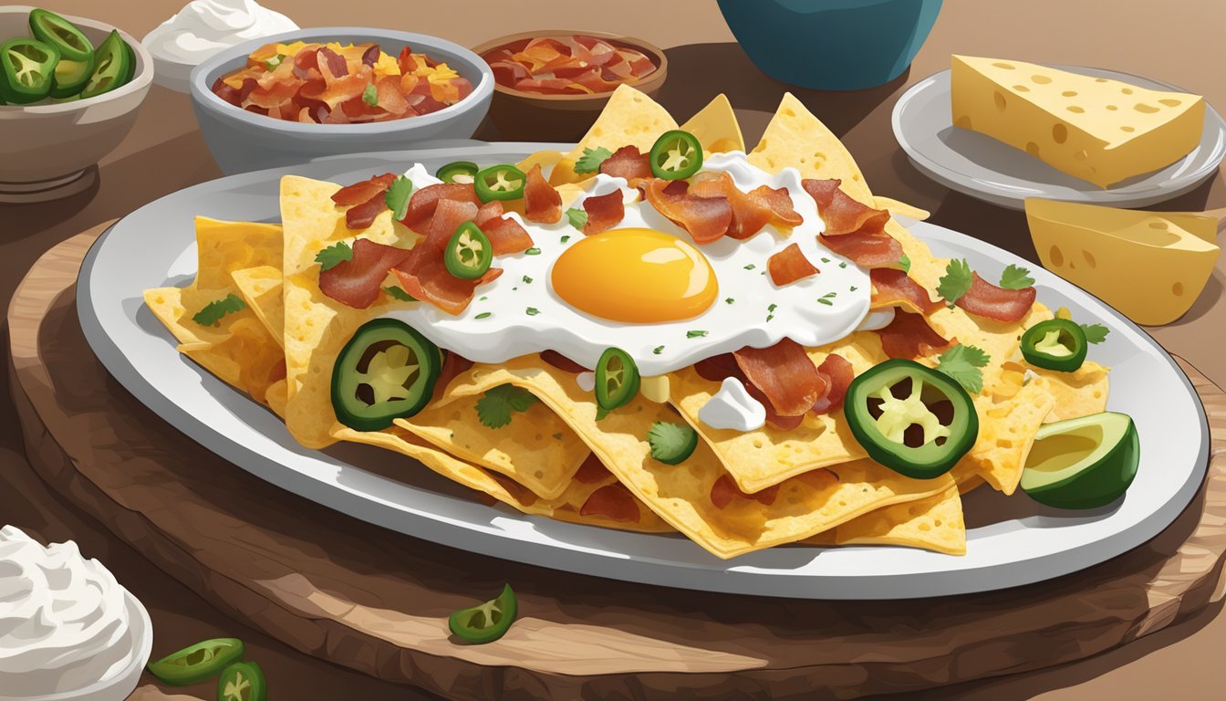 A plate of breakfast nachos with layers of tortilla chips, scrambled eggs, cheese, bacon, and salsa, topped with sour cream and jalapenos