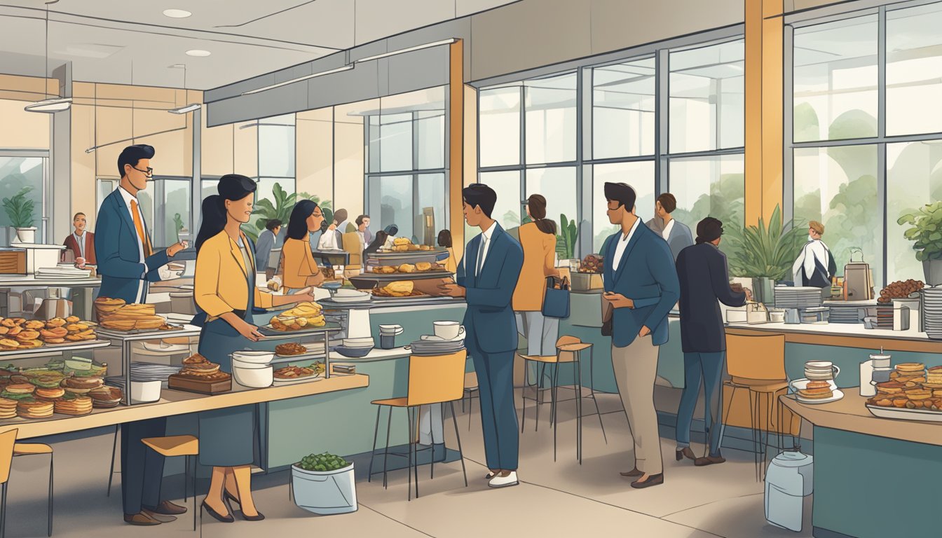 A bustling office building lobby with a long table filled with steaming trays of breakfast tacos, coffee carafes, and assorted pastries. Busy professionals in business attire are seen grabbing a quick bite before heading to their morning meetings