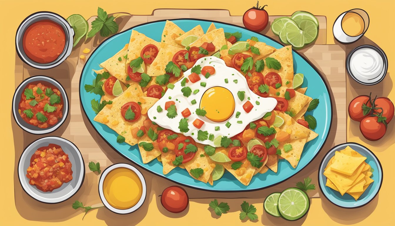 A colorful spread of breakfast nachos with eggs, cheese, and salsa, surrounded by fresh ingredients and served on a vibrant platter