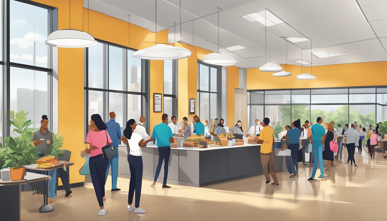 A bustling office lobby with a spread of Taco Cabana breakfast catering, surrounded by busy professionals grabbing a quick bite before heading to their desks