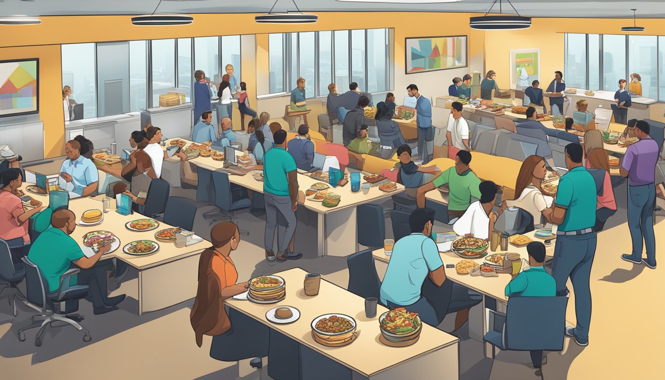 A bustling office building with a line of professionals holding breakfast tacos from Taco Cabana, while others enjoy a spread of breakfast options in a conference room