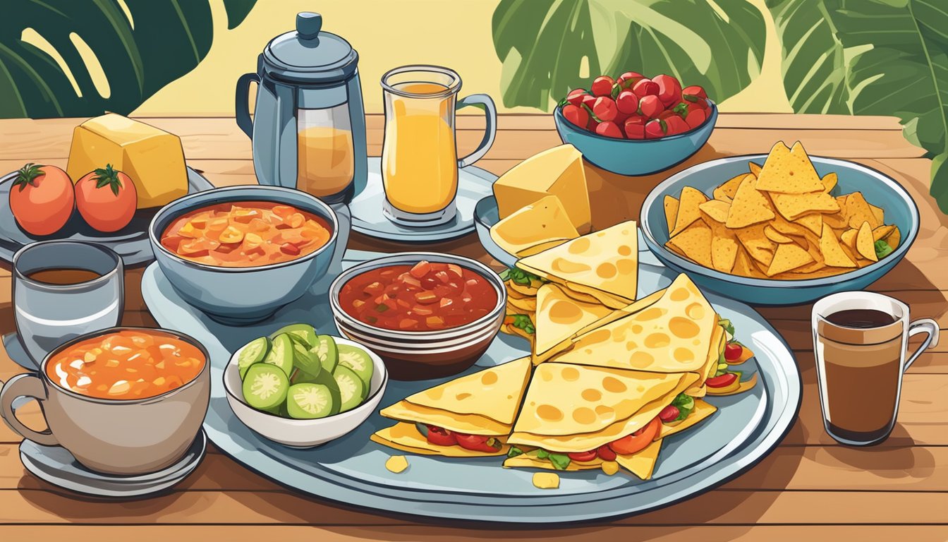 A colorful breakfast spread with nachos, eggs, cheese, and salsa on a table with a cup of coffee and a side of fresh fruit