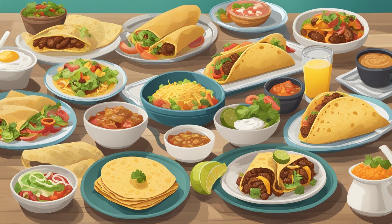 A colorful array of breakfast dishes from different regions displayed on a table, including tacos, burritos, and other Mexican-inspired items