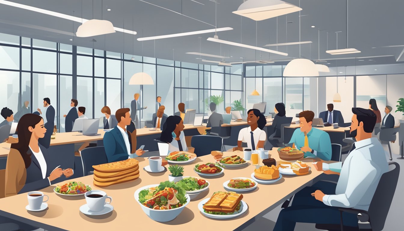 A bustling office setting with a table full of breakfast tacos, coffee, and pastries. Employees in business attire chatting and enjoying the spread