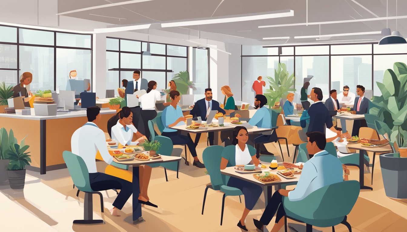 A bustling office with a table filled with breakfast tacos, coffee, and pastries. People in business attire chat and eat in a lively atmosphere