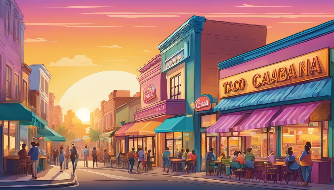 A colorful sunrise illuminates a bustling city street lined with vibrant storefronts, including a lively Taco Cabana with a sign advertising their tempting Breakfast Nachos