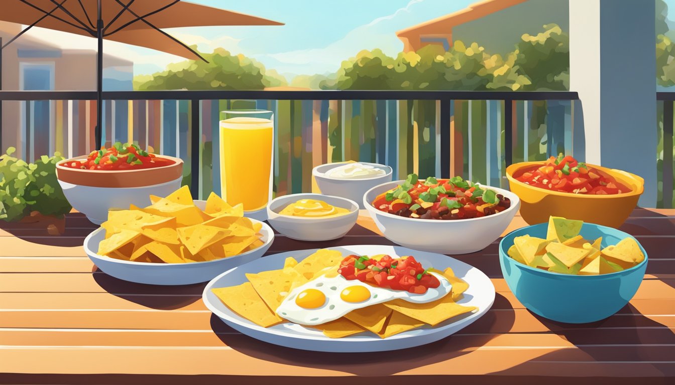 A colorful breakfast spread with nachos, eggs, cheese, and salsa on a vibrant outdoor patio with a sunny morning sky