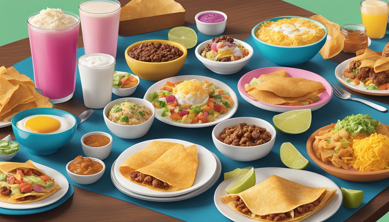 A colorful array of breakfast items from Taco Cabana's menu, including regional variations, displayed on a vibrant table setting