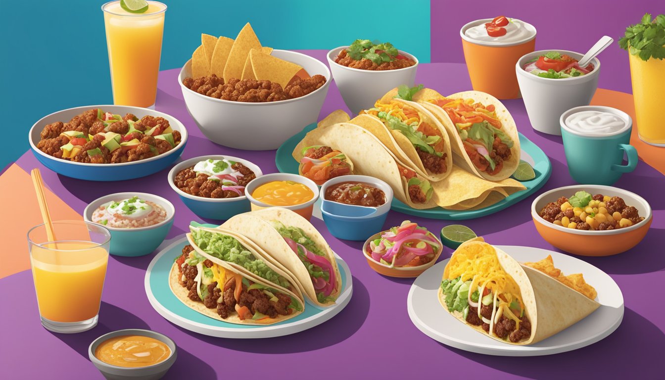 A colorful array of regional breakfast dishes from Taco Cabana, including tacos, burritos, and other Mexican specialties, displayed on a vibrant table setting