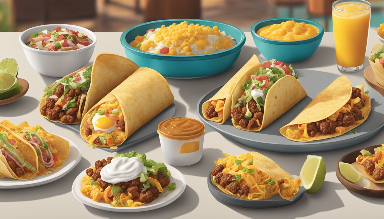 A spread of breakfast items from Taco Cabana's menu, including regional variations such as breakfast tacos, burritos, and other Mexican-inspired dishes