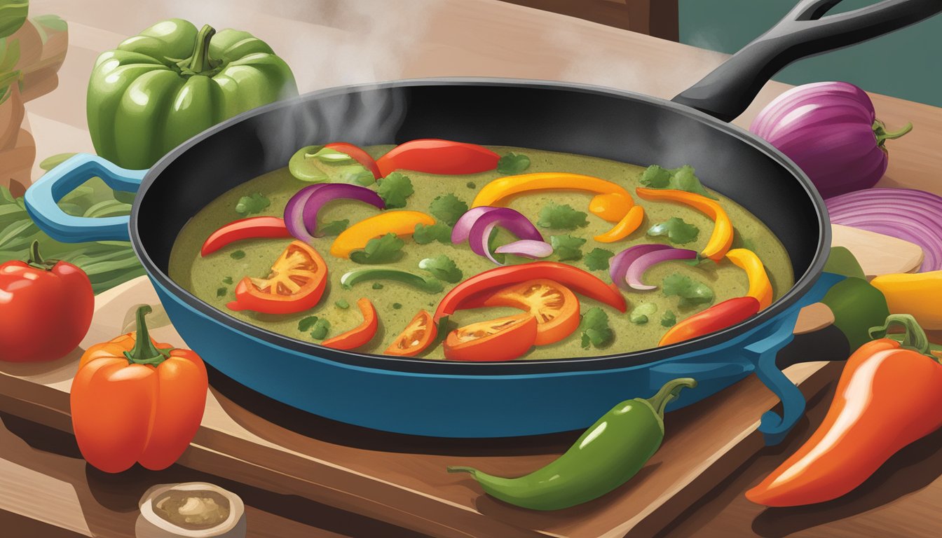 A sizzling griddle cooks up a savory blend of spices and tomatoes, while steam rises from a pot of simmering salsa verde. Brightly colored peppers and onions wait to be chopped on a nearby cutting board