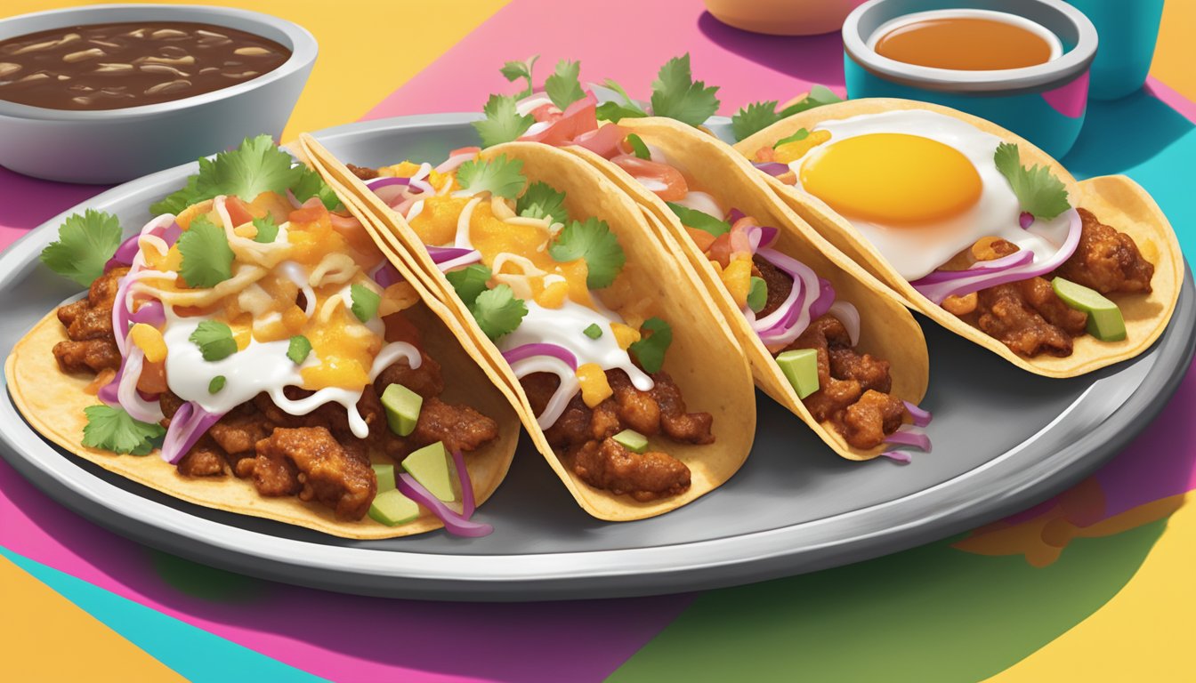 A sizzling skillet of breakfast tacos, with a dollop of signature sauce, sits on a colorful table at Taco Cabana