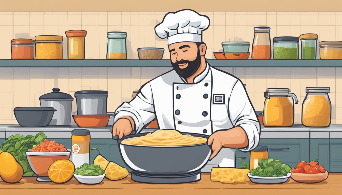 A chef mixing various ingredients in a large bowl, creating a creamy and flavorful breakfast sauce for Taco Cabana