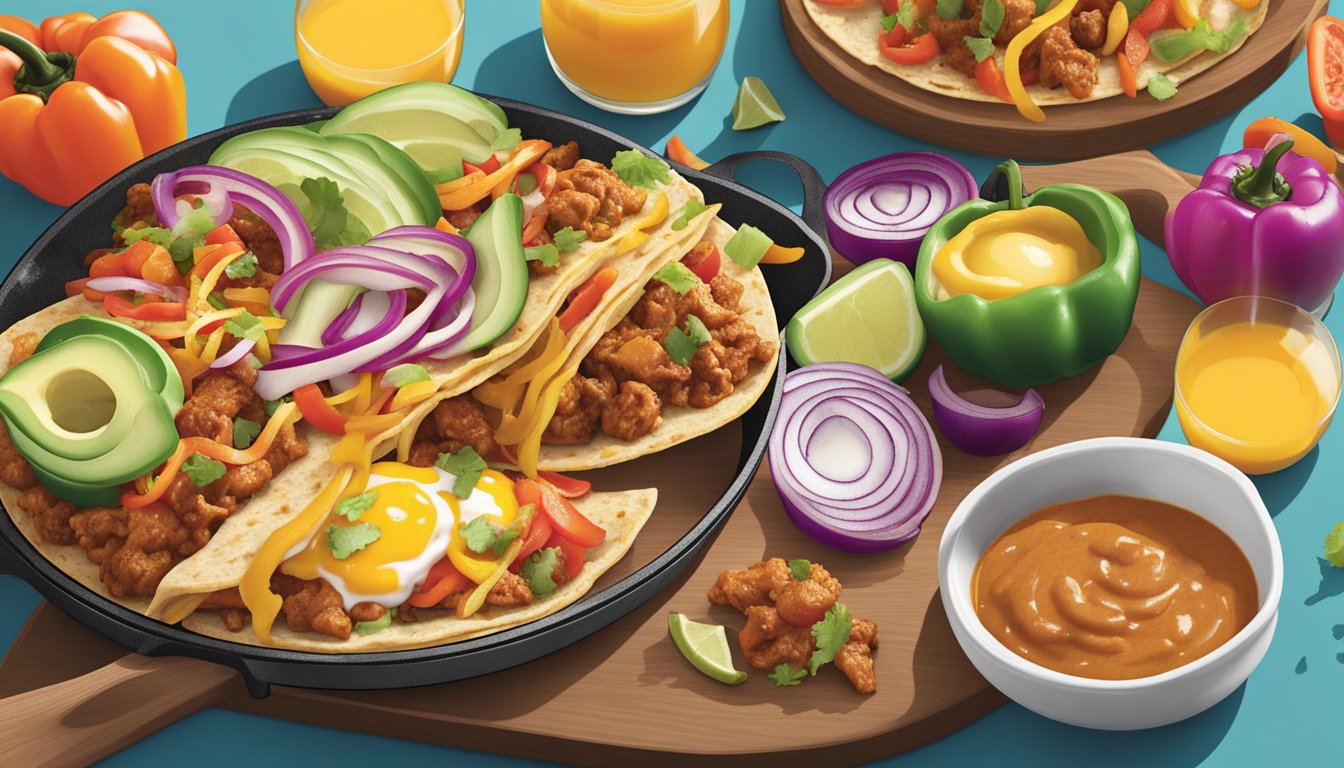 A sizzling skillet of breakfast tacos with Taco Cabana's signature breakfast sauce being drizzled over them, surrounded by colorful peppers and onions